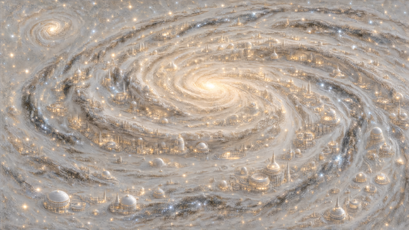充满穹顶定居点的旋涡星系，象征宽度的文明