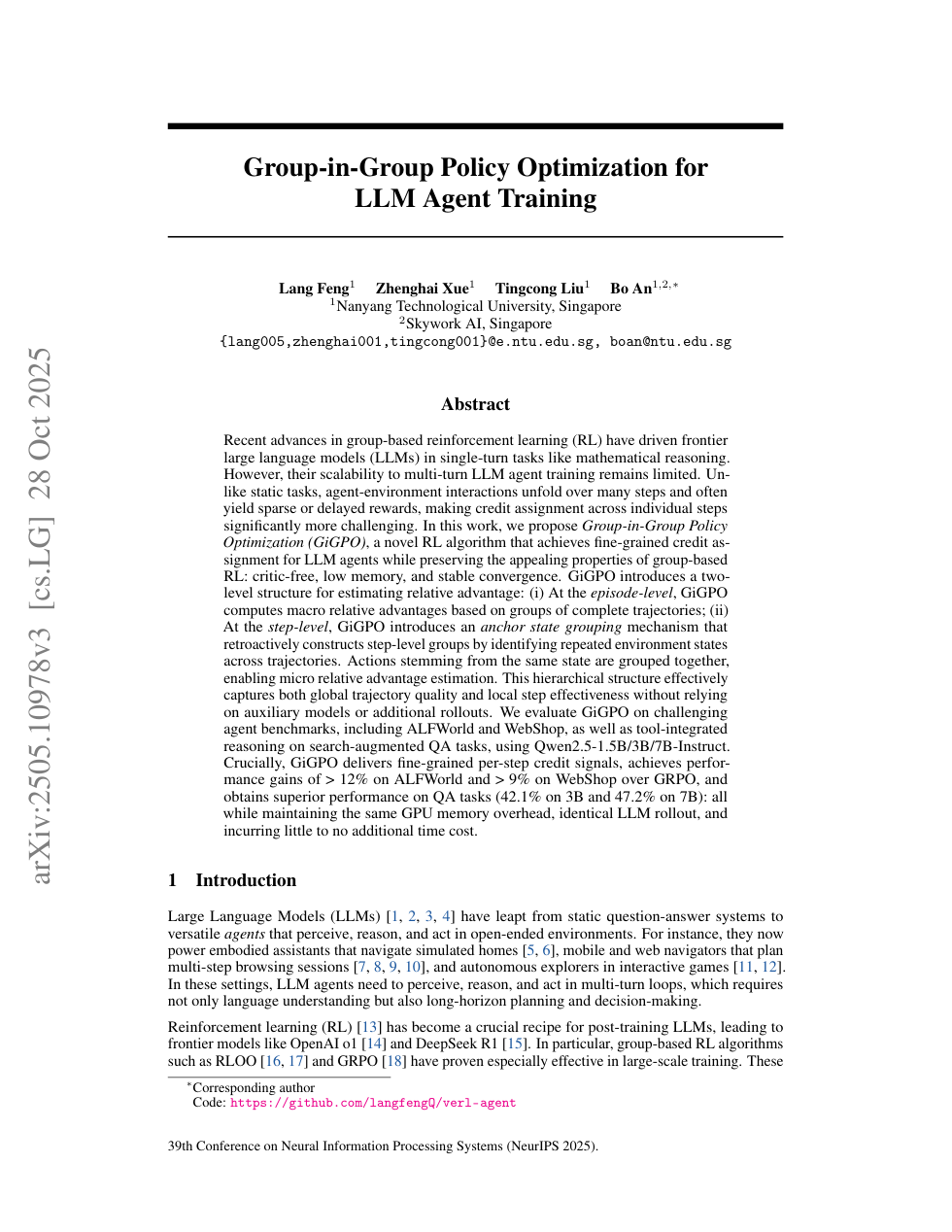 GIGPO 论文首页:Group-in-Group Policy Optimization for LLM Agent Training