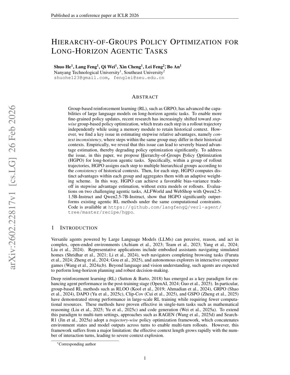 HGPO 论文首页:Hierarchy-of-Groups Policy Optimization for Long-Horizon Agentic Tasks