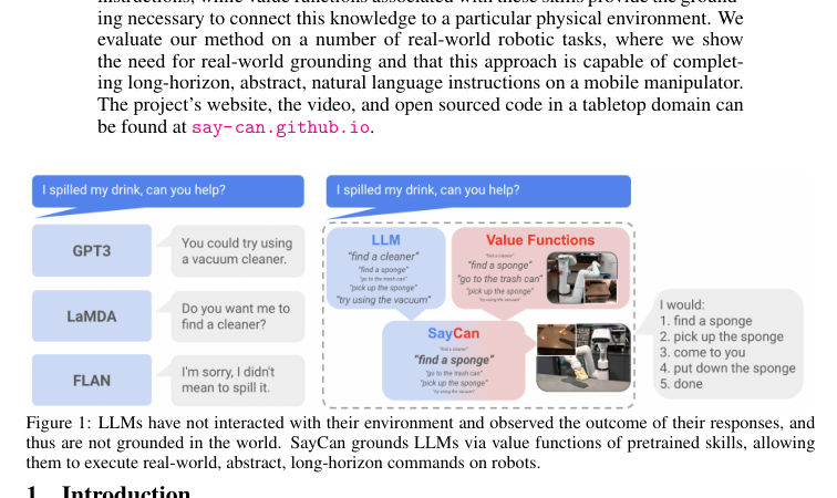 SayCan Figure 1:LLM 知道该做什么但不知道机器人能不能做;SayCan 用预训练技能的价值函数把 LLM grounding 到物理世界